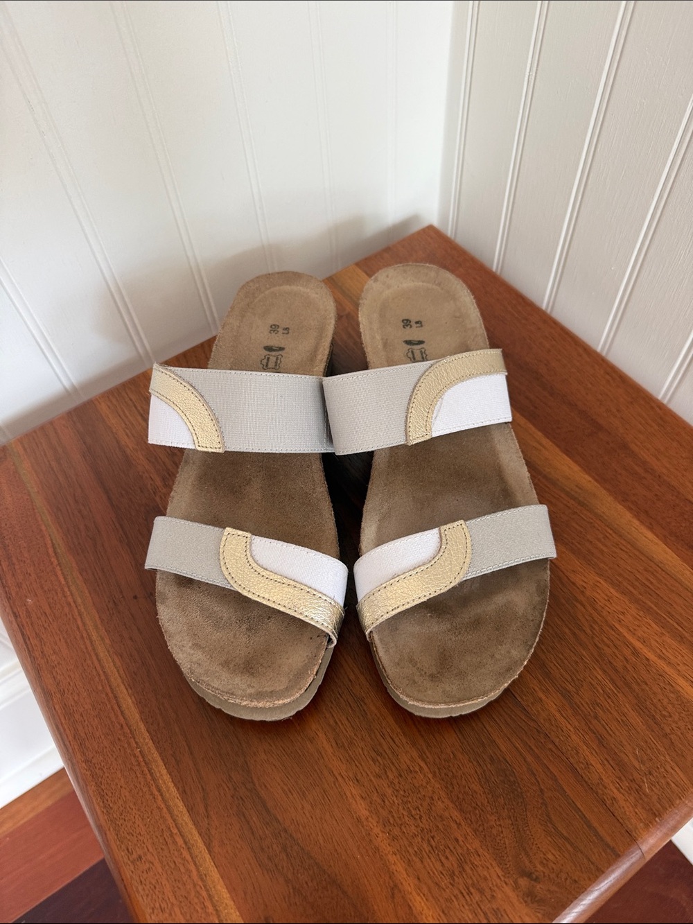 Naot Women's Two-Strap Slide Sandals in White and Tan with Gold Accents